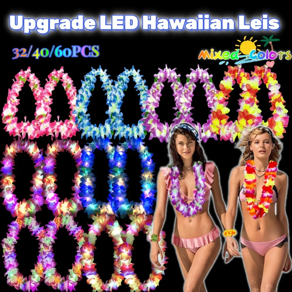 32/40/60PCS Upgrade LED Hawaiian Leis Light Up Hawaiian Party For Beach Themed Glow Wedding Party Leis Leis Necklace Supplies