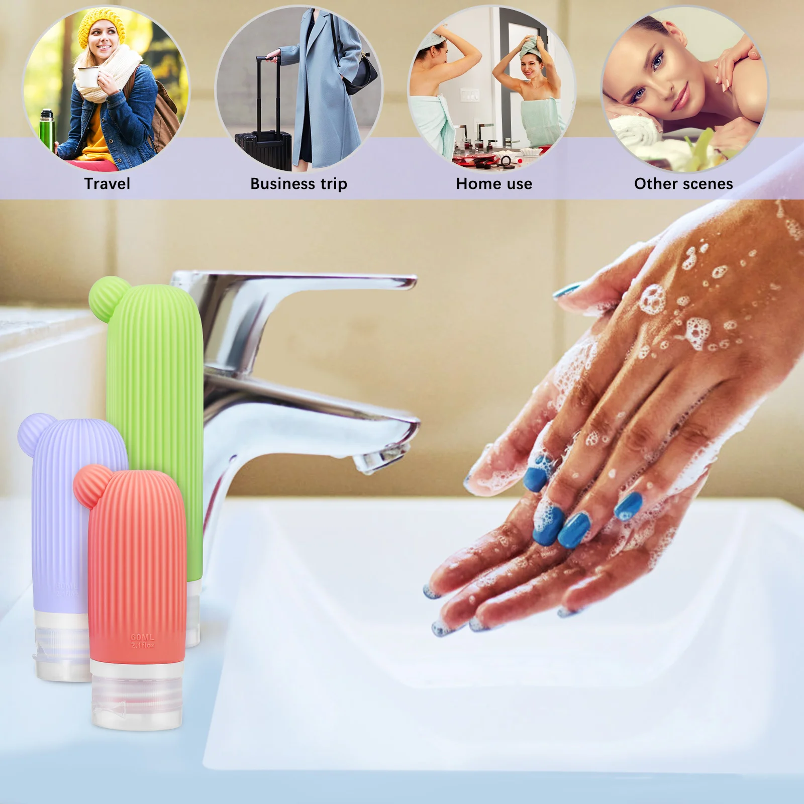 3Pcs Silicone Travel Bottles Set 90Ml 60Ml Refillable Squeeze Dispenser Shampoo Conditioner Body Wash Lotion Containers