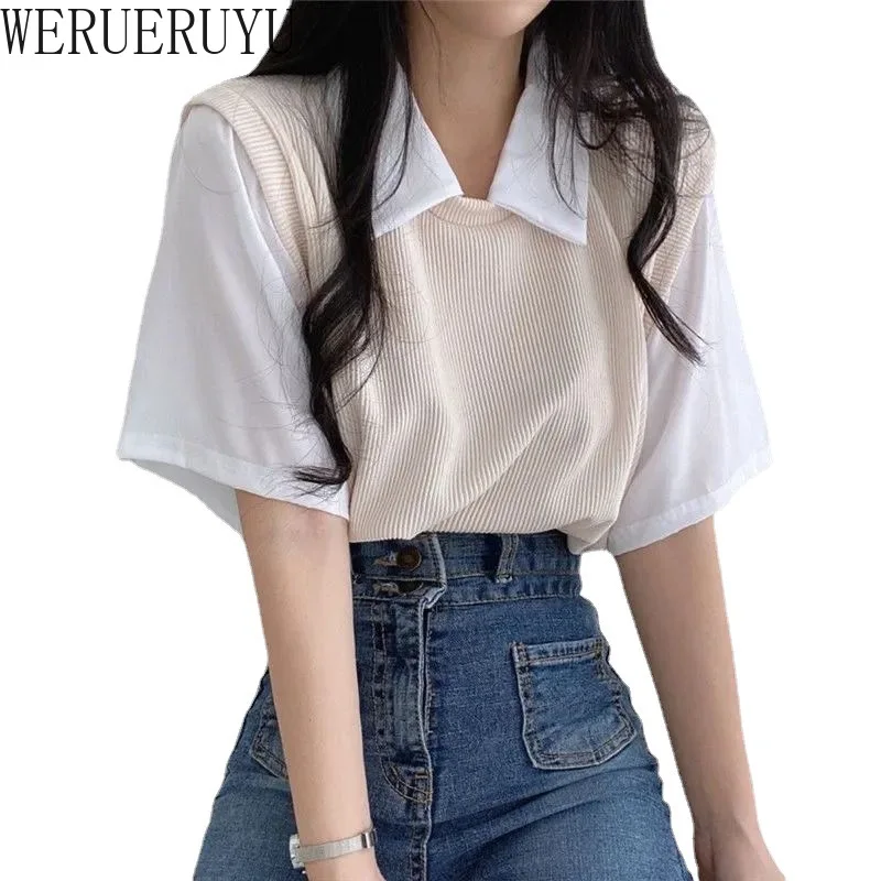 Summer POLO Collar T-shirt Short Sleeve Y2k Top Womens Clothes Korean Fashion Youth Casual Loose Knitted T-shirts for Women 2024