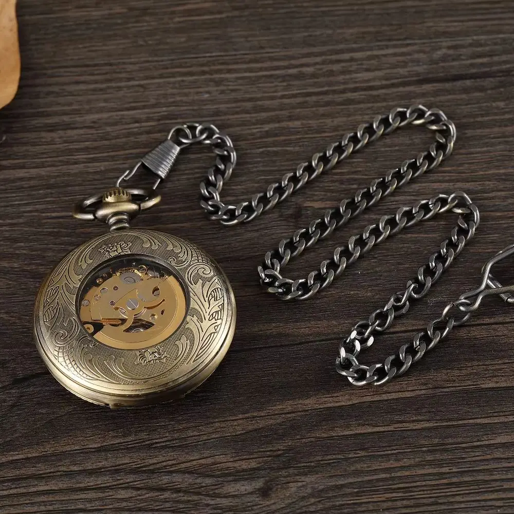 Vintage Luxury Carving Flip Cover Arabic Numeral Automatic Mechanical Pocket Watches for Men Women Fob Chain Pendent Clock Gift