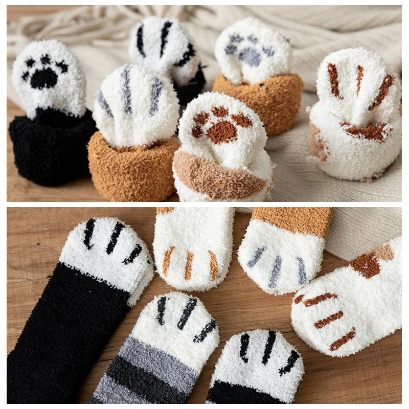 Kawaii Cartoon Socks For Women Cute 3D Dog Cat Paw Pattern Female Fleece Warm Funny Socks Home Floor Sleeping Socks