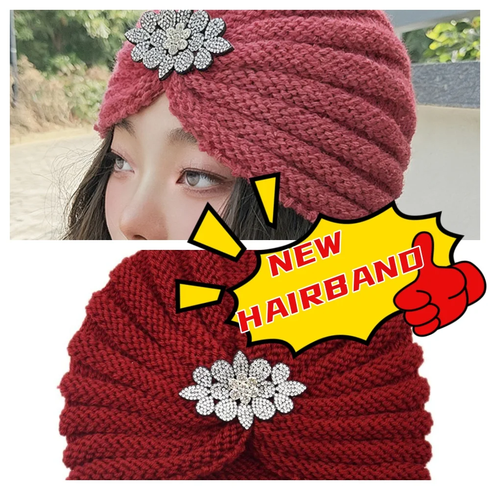 

Soft Thick Hijab Hat Rhinestone Flower Hair Accessories Winter Thermal Caps Wool Knitting Turban Hats Cross Wrapped Caps