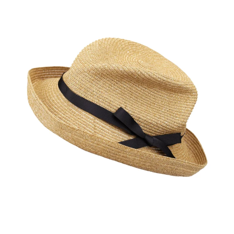 

Elegant Curled-brim Paper Straw Sun Hat For Women Black Bow Ribbon Panama Fedora Hat For Summer Beach Vacations Japanese Sun Hat