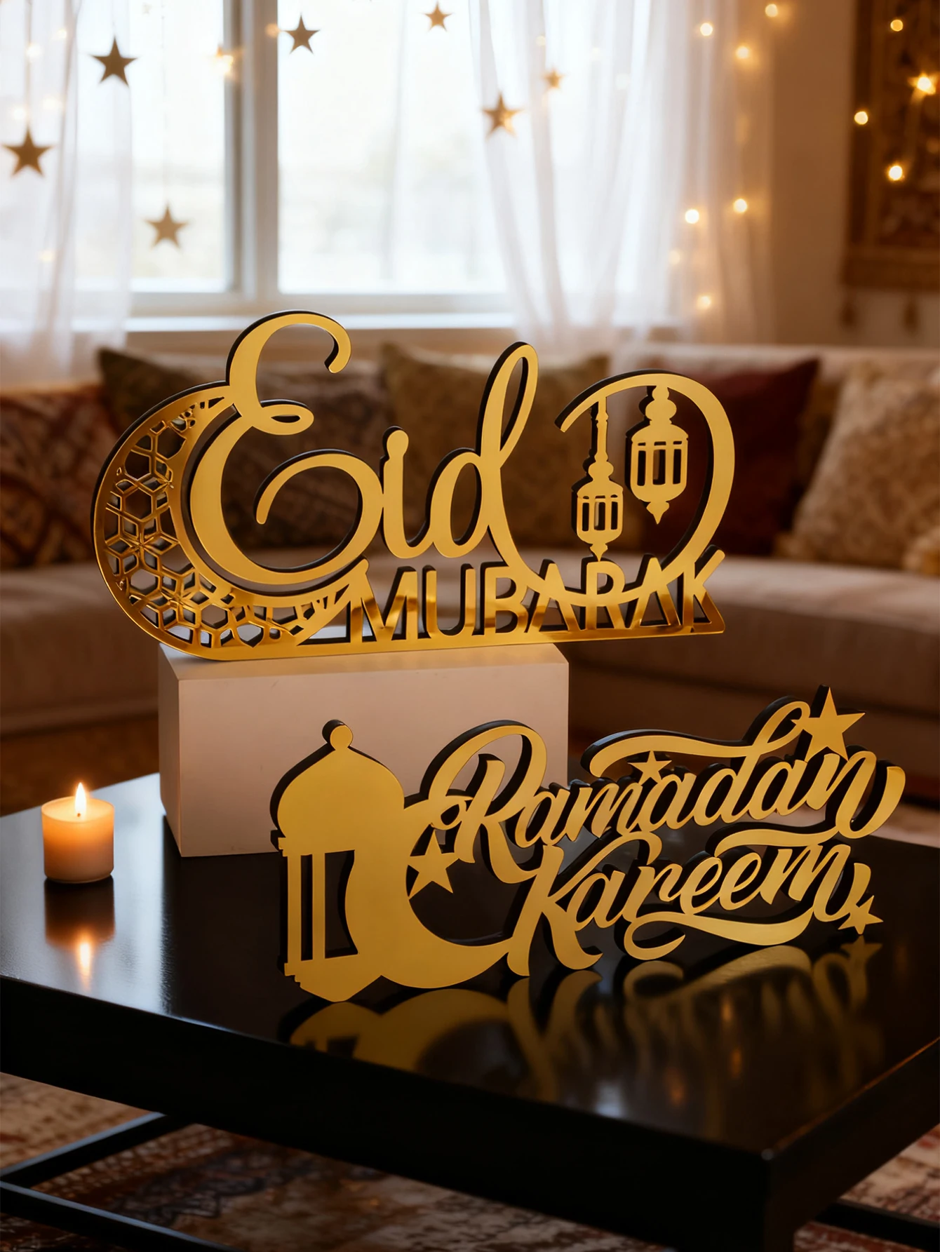Ramadan Decor Eid Mubarak Table Ornament with Moon Star Lantern Golden Acrylic Islamic Home Decoration & Gift for Ramadan Kareem