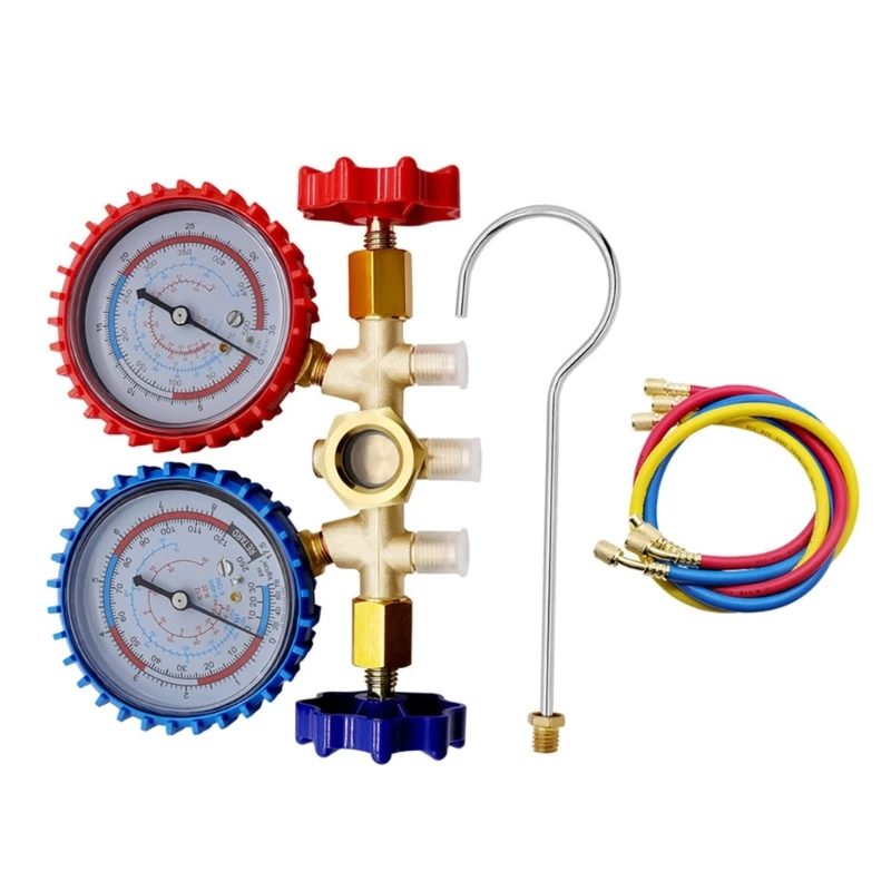 Manifold Gauge Set for HVAC Refrigeration Charging Service with Hoses Adjustable Coupler Adapter Can Tap R22 R134A R404A