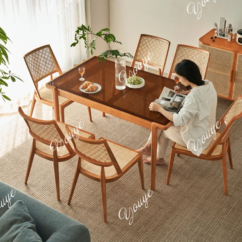 

D-MX New Chinese Rattan Ash Dining Table Simple Household Dining Table Glass Table Dining Chair Combination Solid Wood Rice