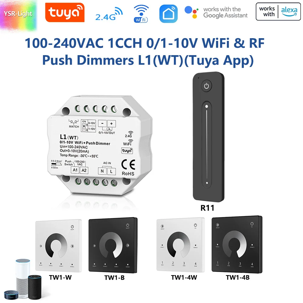 

AC100-240V 1CH 0/1-10V WiFi & RF Push Dimmer Tuya Wifi Smart Control 2.4G R11 RF Touch Diming Remote App Voice For Alexa Google