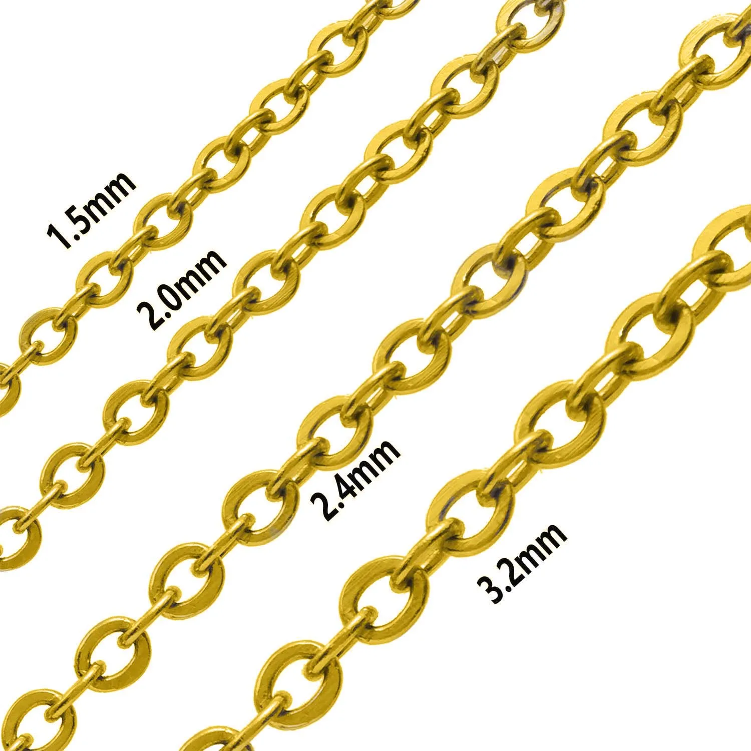 

164-FT Wide 1.5mm 2.0mm 2.4mm 3.2mm Cable Chain, 18k Real Gold Plated Stainless Steel Jewelry Chain Sordered Necklace Bracelet