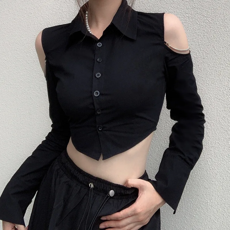 WhereMery OL Sexy Off Shoulder Black Blouse Polo-neck Button Cardigan Crop Tops Women Formal Occasions Long Sleeve Slim Clothes