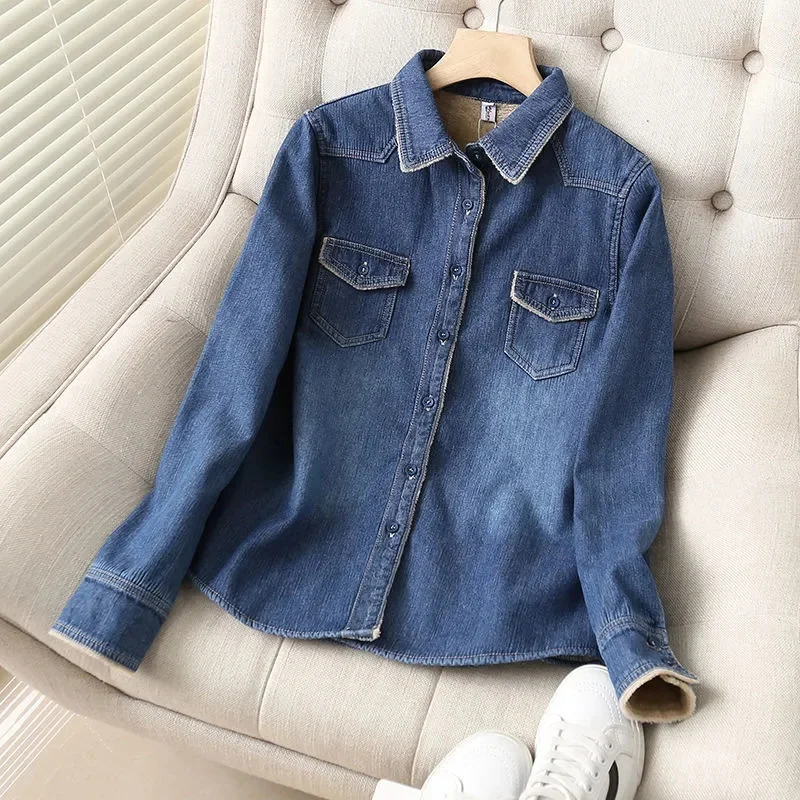 

Spring Autumn Ladies Patchwork Cowboy Shirt Jacket Retro Women Fashion Casual Denim Outwear Female Long Sleeves Pocket Jeans Top