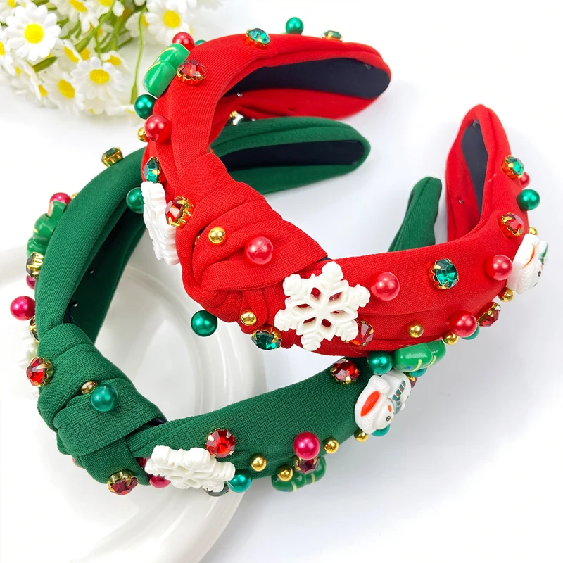 ที่คาดผมคริสต์มาสสำหรับผู้หญิง 1 ชิ้น ลายเกล็ดหิมะสีแดงและเขียว ประดับมุกและเพชร ขอบกว้าง ดีไซน์หรู