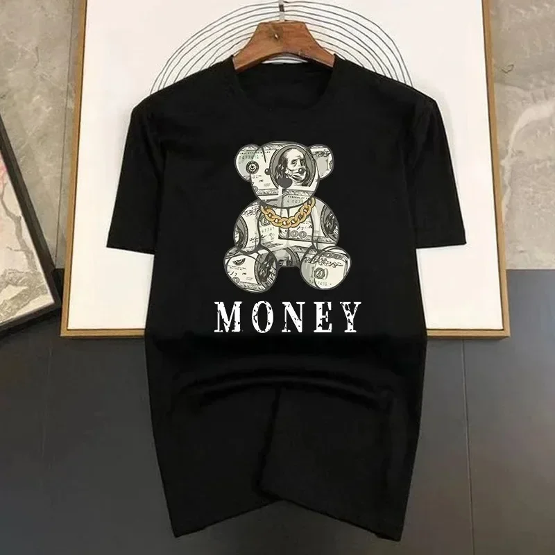 Money Bear Gold Necklace Personality Print Men Tshirt Oversized Cotton T Shirts High Quality Brand Tshirt Street Loose T-Shirt