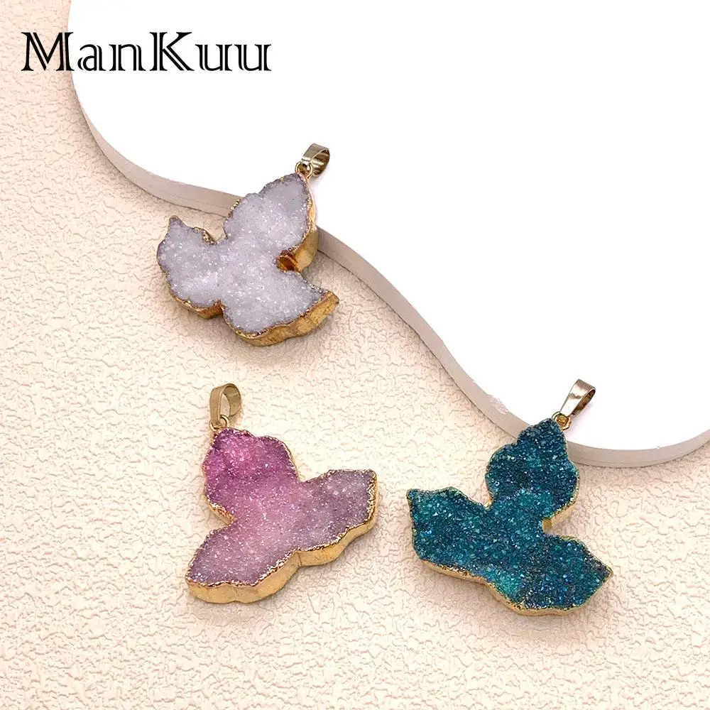 Mankuu Fashion Druzy Stone Maple Leaf Shape Colorful Agates Gold-Plated Pendant Charm Jewelry Making Necklaces For Women