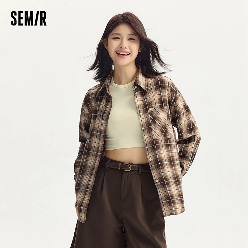 Semir Long Sleeve Shirt Women Medium Length Lazy Loose 2024 Autumn New Retro Plaid Shirt