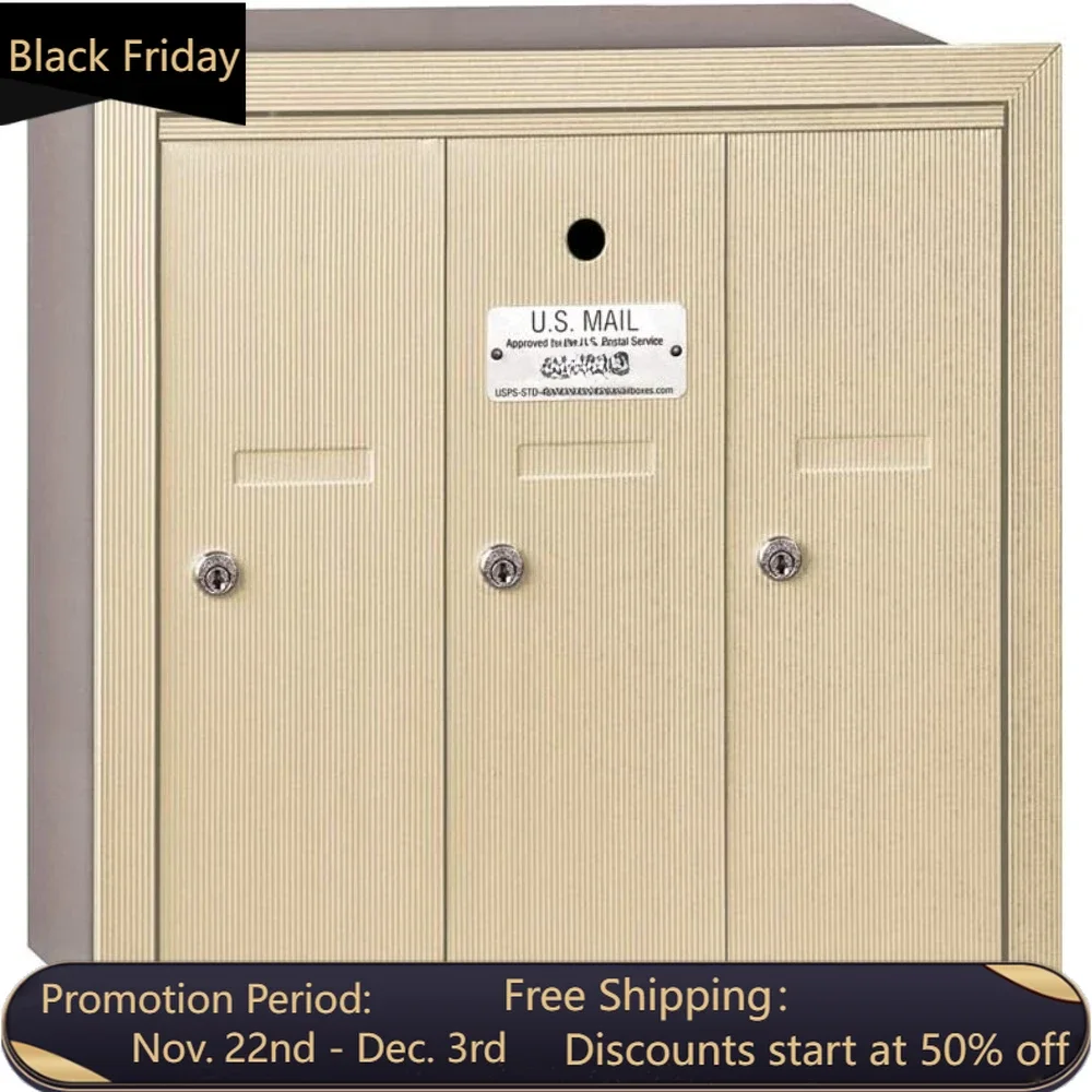 Recessed Mounted Vertical Mailbox for use with USPS Lock, 3 Doors, Sandstone