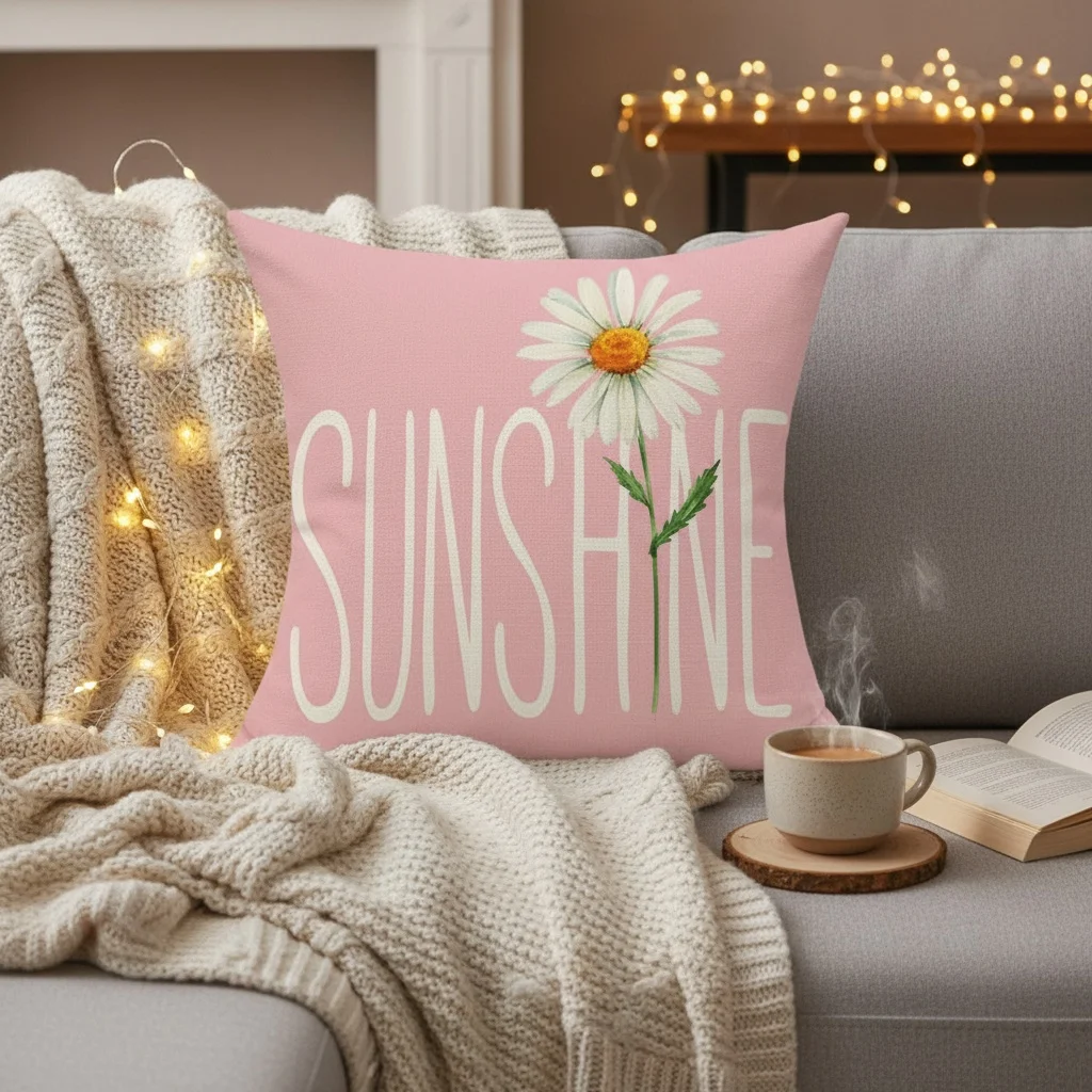 Daisy Gnome Pink Pillow Covers 45x45cm Farmhouse Summer Spring Daisy Bloom Pillows Floral Blue Decor