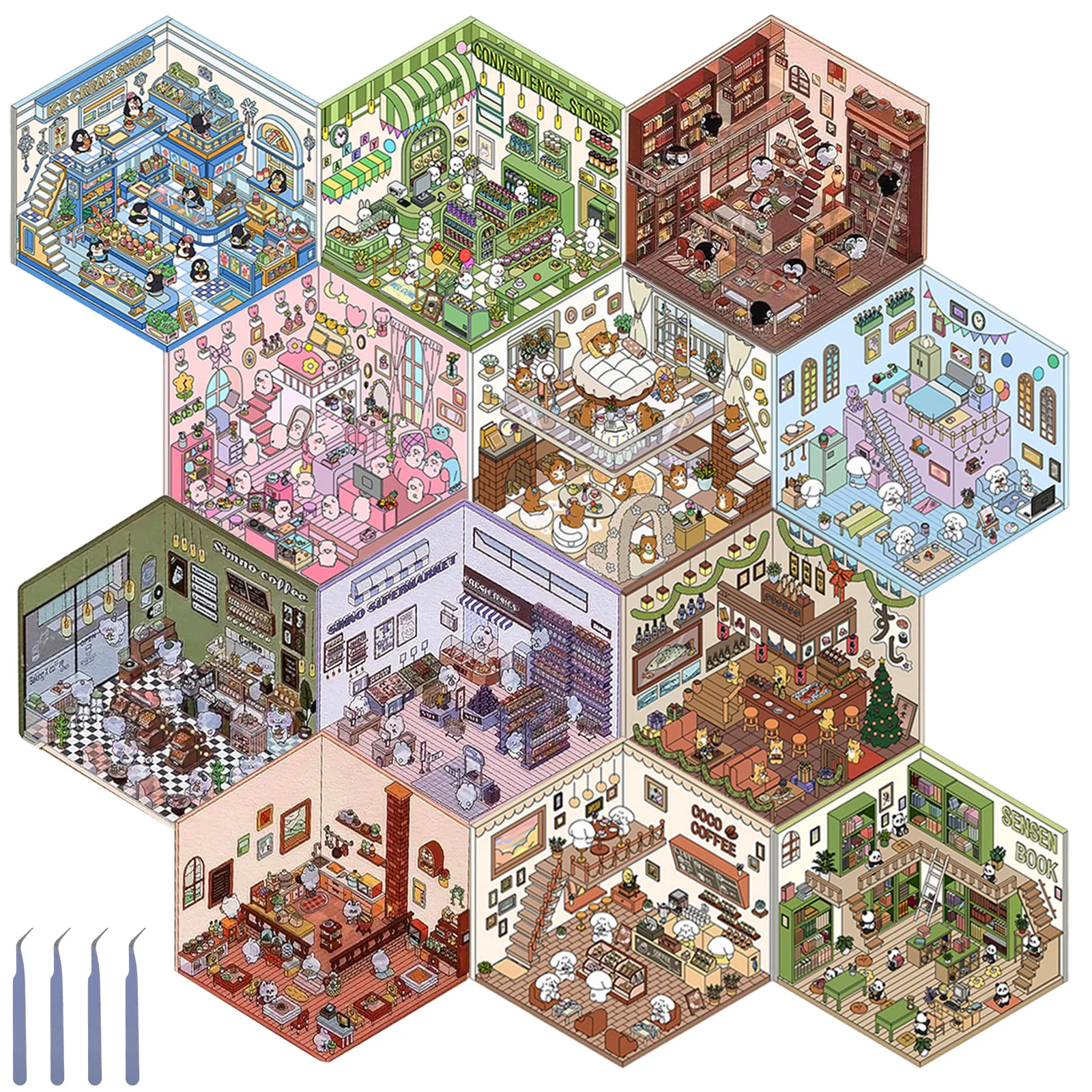 16 Uds escena en miniatura de dibujos animados pegatinas de paisajismo 3D apilamiento Visual pegatinas lindas tridimensionales regalo de cumpleaños de Navidad para niños