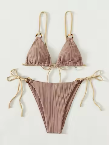 Sexy Costela Textura Triângulo Corda Conjunto de Biquíni Feminino Push Up Acolchoado Tanga Maiô Feminino Cortar Maiô Biquíni