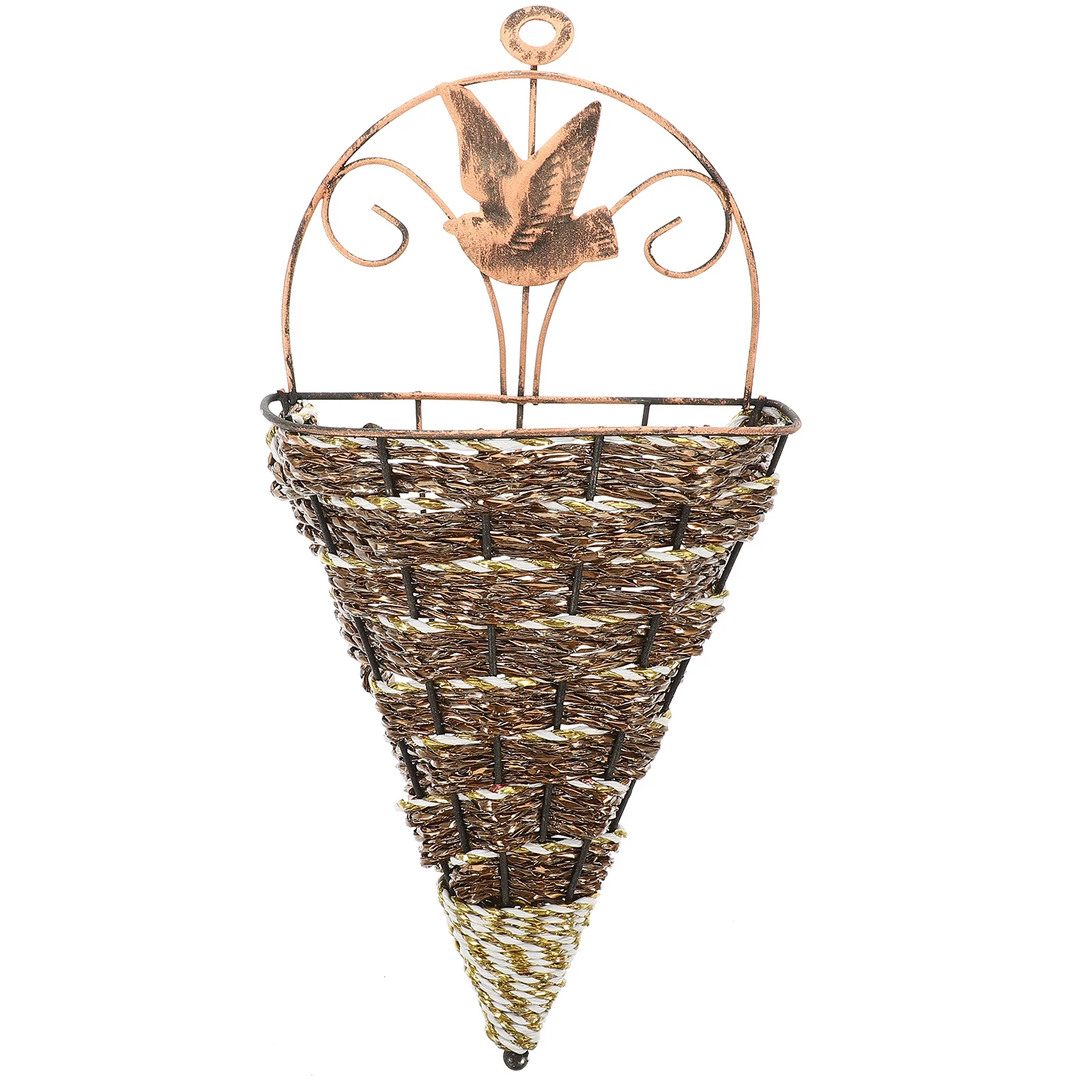 

Hanging Iron Rattan Basket Brown Outdoor Wall Planter Decorative Pots for Dried Silk Flowers Balcony Window Railing Home
