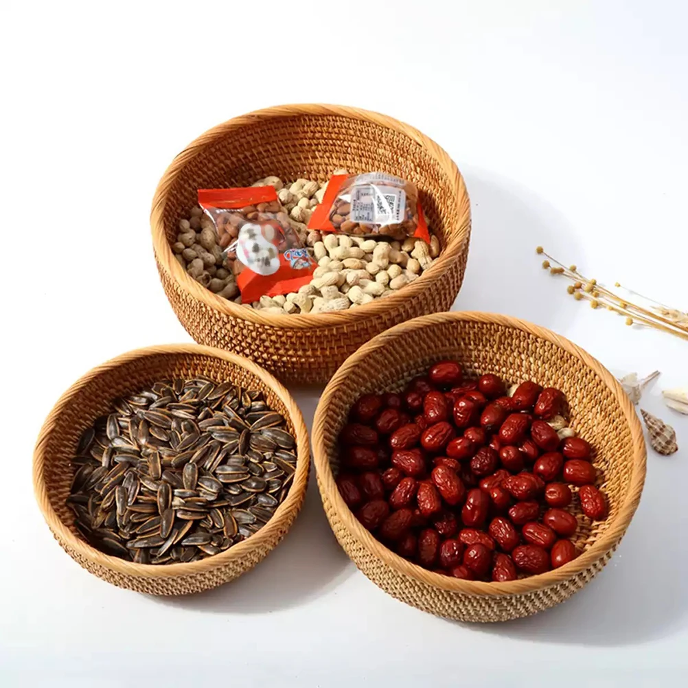 

3pcs Vintage Rattan Household Storage Basket For Fruits Vegetables Desktop Organizer Display Basket Multi Use Premium