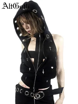 AltGoth Streetwear Gotik Koyu Yelek Kadın Harajuku Y2k E-kız Cyberpunk Çapraz Kapşonlu Kırpma Tank Top Emo Alt Grunge Kıyafetler Kadın