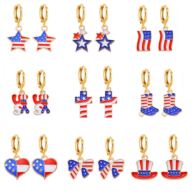 2023 New In Fashion Star Cross Heart USA America Flag Pendants Drop Earrings For Women Men Kids Party Eardrop Jewelry Gifts