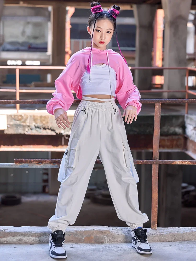 Pantalones Cargo para niños, traje de actuación de Hip Hop, ropa de escenario Kpop, ropa de baile de Jazz para niñas, disfraz de Hip Hop con capucha, Tops Rosas y blancos