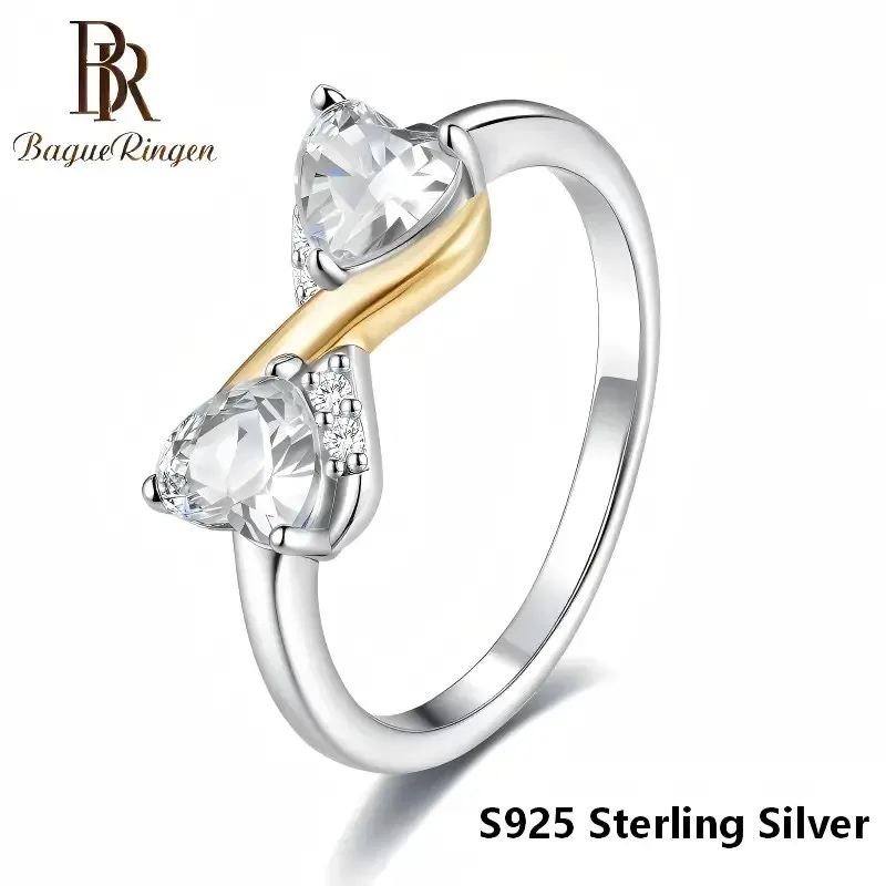 BR Trendy 925 Sterling Silver Heart Moissanite Two-Tone Ring, White & Yellow Gold Plated on One Ring, Engagement  Ring for Women