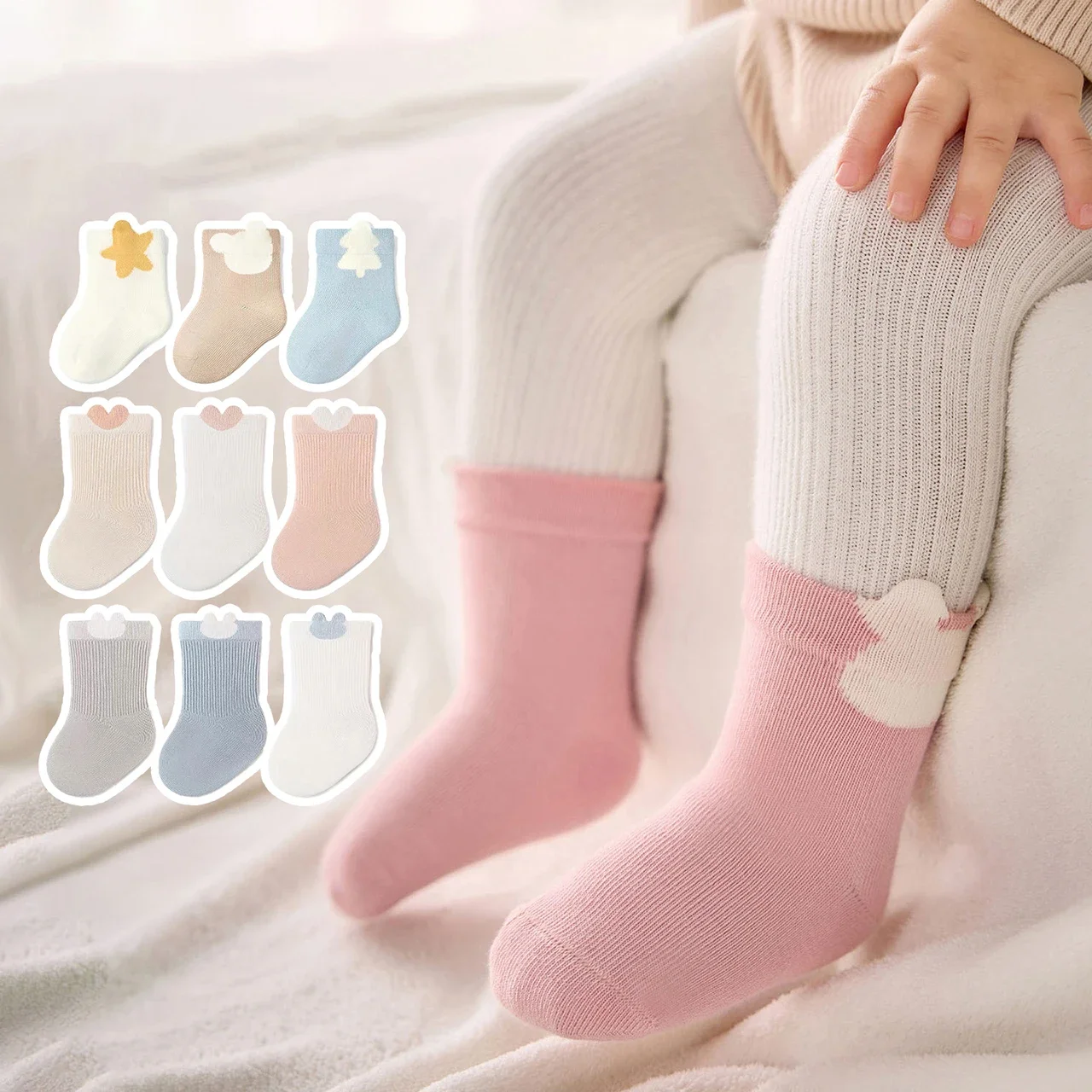 3Pairs Cute Baby Winter Socks Cartoon Newborn Mid Tube Socks Kids 0-4Years Warm Cotton Socks