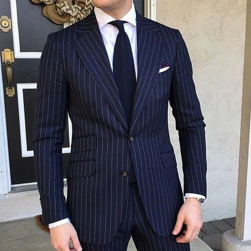 

2 Piece Pinstripe Men's Suit Slim Fit for Formal Wedding Tuxedo Notched Lapel Navy Blue Striped Business Groom Male Fashion