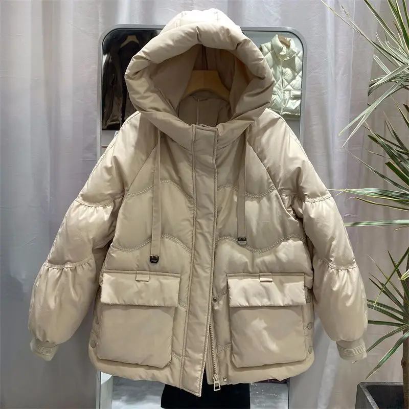 2024 New Winter Women Hooded 90% White Duck Down Coats Glossy Puffer Jacket Female Loose Warm Long Sleeve Parkas Snow Outwear