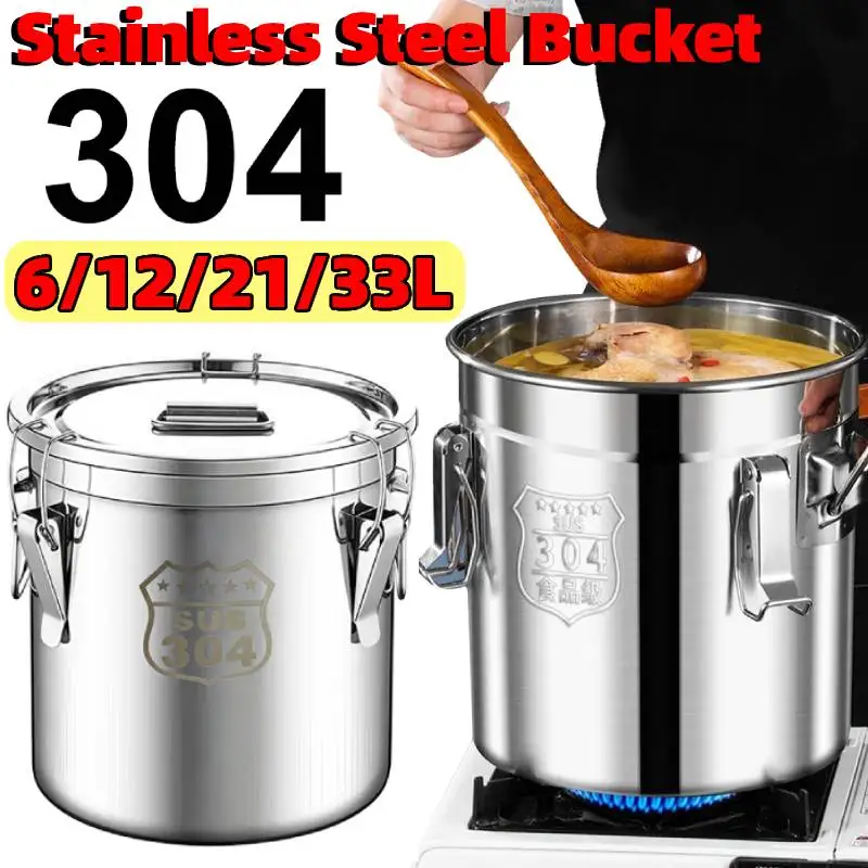 

6/12/21/33L 304 Stainless Steel Airtight Canister with Seal Lid Food Storage Bucket with Handles Container for Home Kitchen Bar