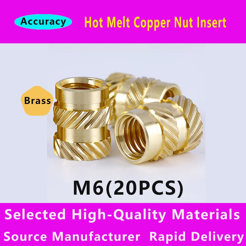 20Pcs M6 Brass Hot Melt Insert Nuts Heating Molding Copper Thread Inserts Double Twill Knurled Injection 3Dprinter Components