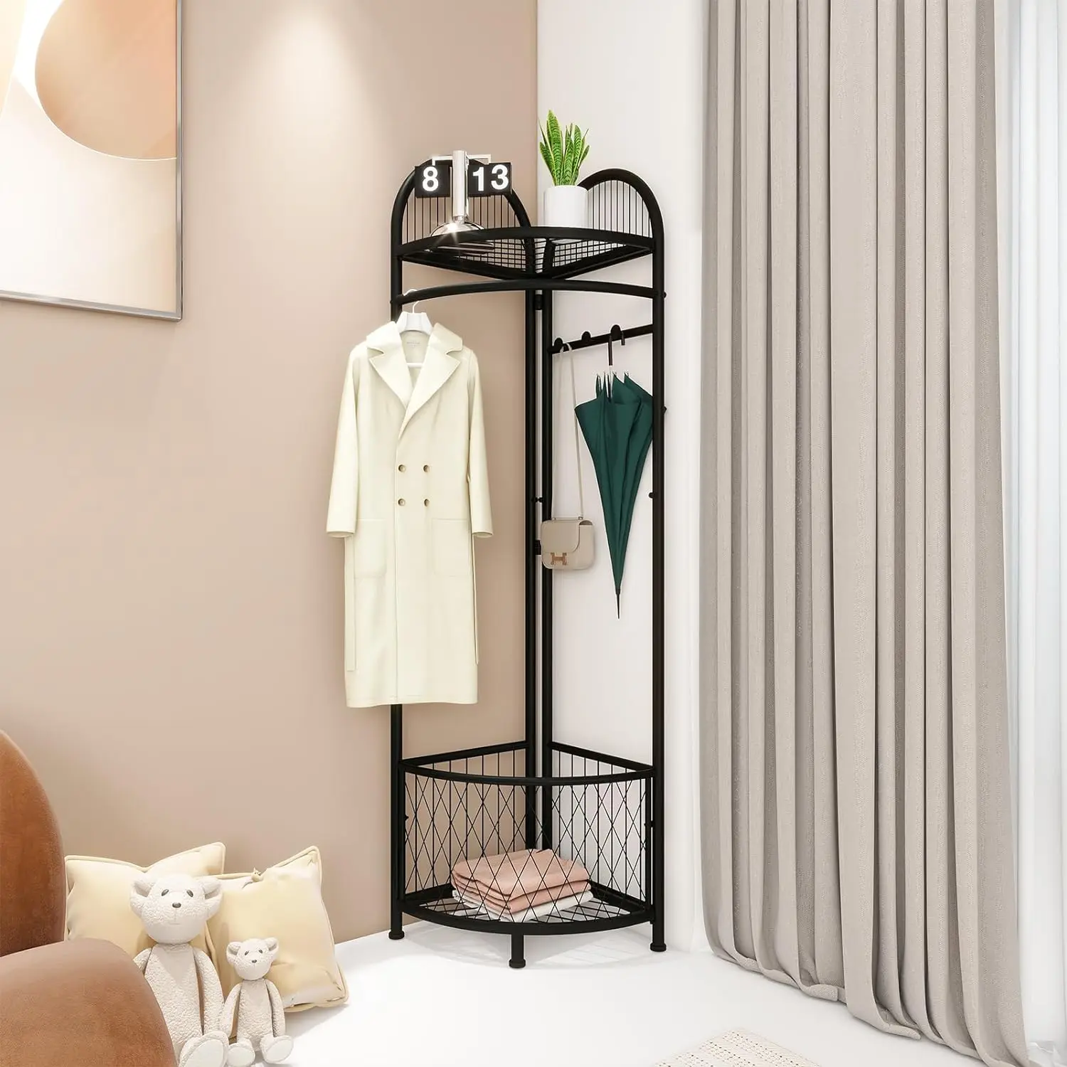 Multifuncional Corner Hall Rack com Armazenamento, Cornercoat Rack, Metal Cornerclothes Rack para Quarto, Vestuário Rack para Entrada