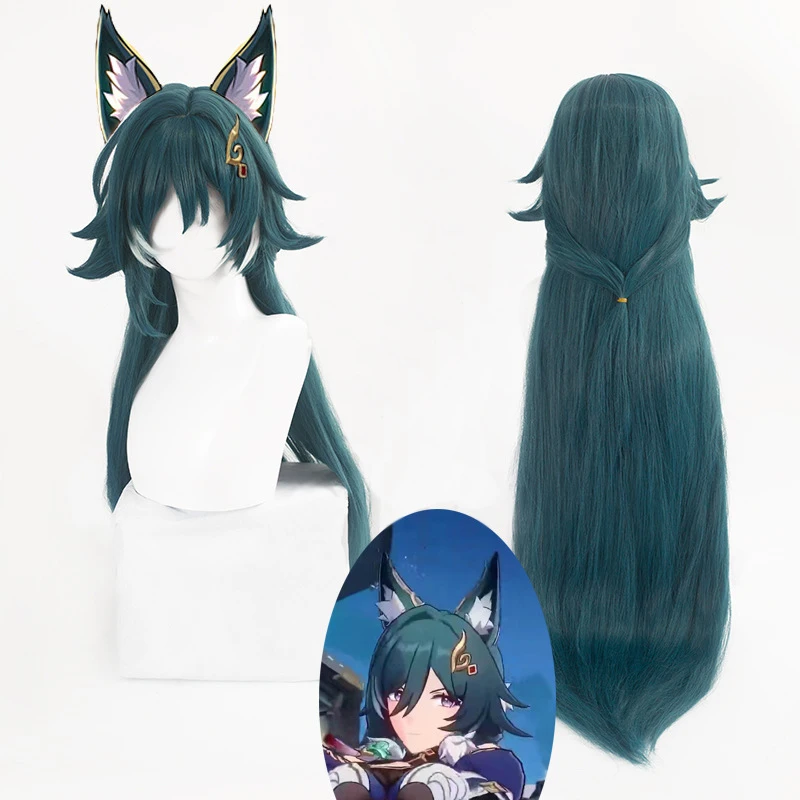 Honkai: Star Rail Yukong Cosplay Wig Tail Ears Yu Kong Headwear Synthetic Dark Green Hair Halloween Party Role Play Accessories