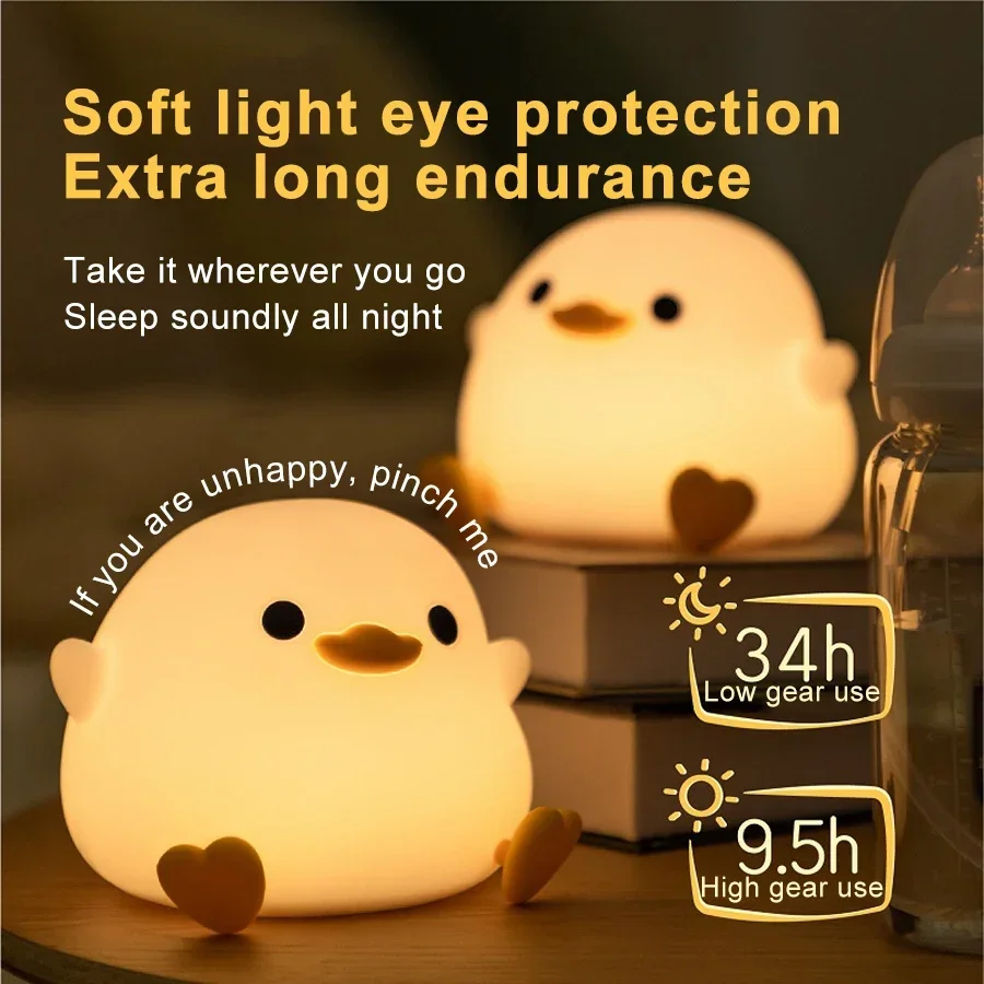 Duck Silicone Night Light for Children with Timer Usb Rechargeable Dimming Touch Lamp Bedroom Cartoon Animal Colorful Light