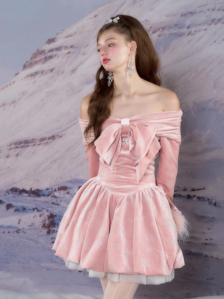 Rororiri Pelz Manschetten Glitzer Rose Samt Kleid Frauen Bowknot Off-Shoulder Neck holder Langarm einteilige Prinzessin Prom Party Kleidung