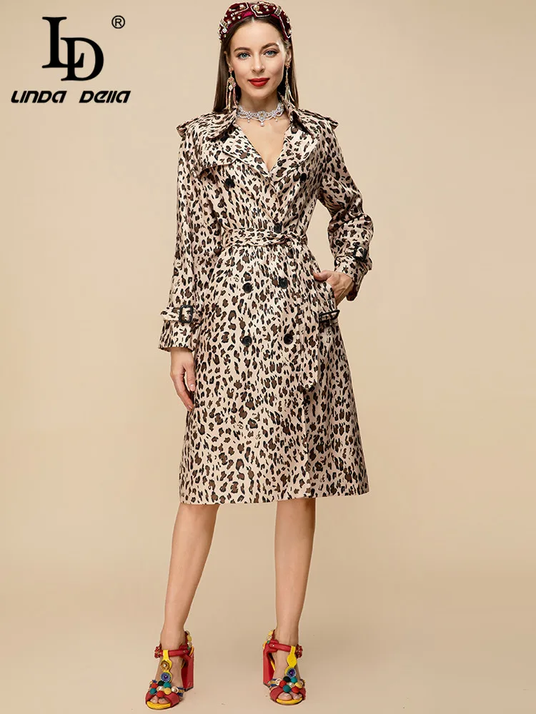 LD LINDA DELLA 2023 Designer Spring Fashion Trench Coat Women\'s Long sleeve Belted Vintage Leopard print Outwear Overcoat