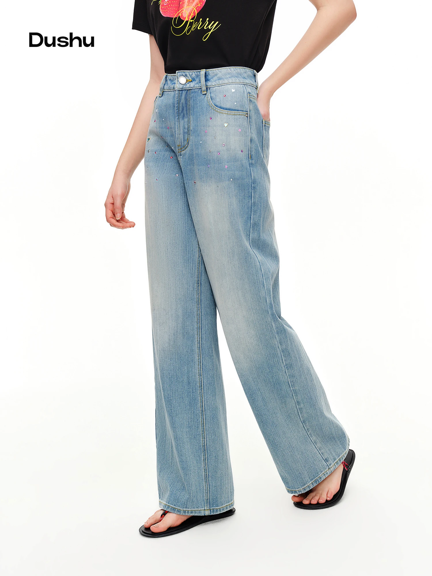 DUSHU 2026 Summer High Waist Straight Jeans Women Colorful Rhinestone Comfortable Relaxed Fit Denim Pants Chic All-match