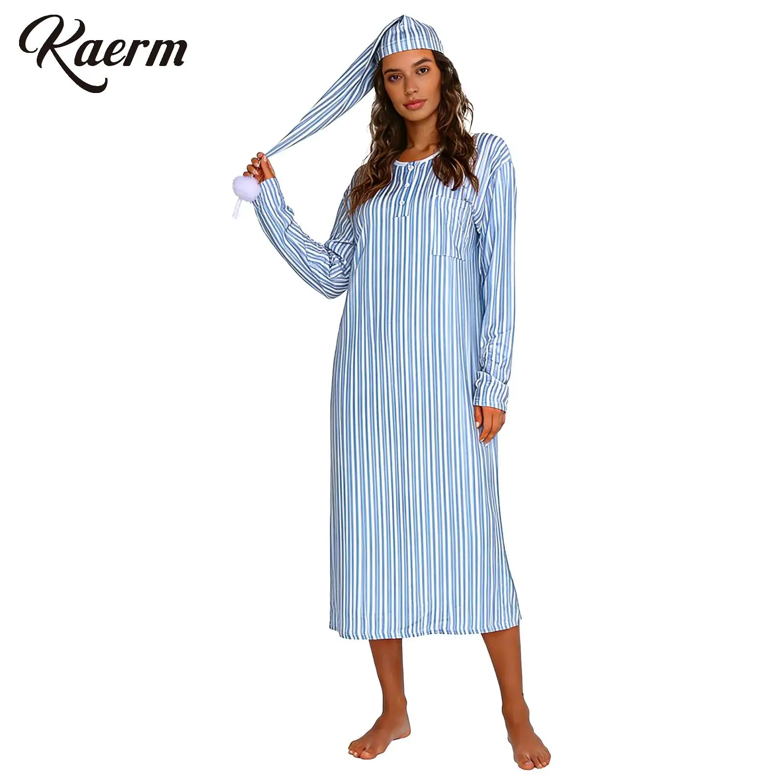 

Womens Christmas Striped Nightgown with Sleeping Hat Pajamas Set Soft Loose Sleep Robe Long Sleeve Nightshirt