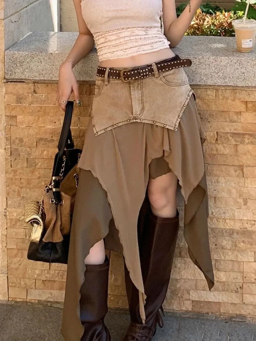 Low Waist Asymmetrical Women's Skirt Chiffon Denim Patchwork Spring Summer A-Line Midi Skirt Commute Style Anti-Stain