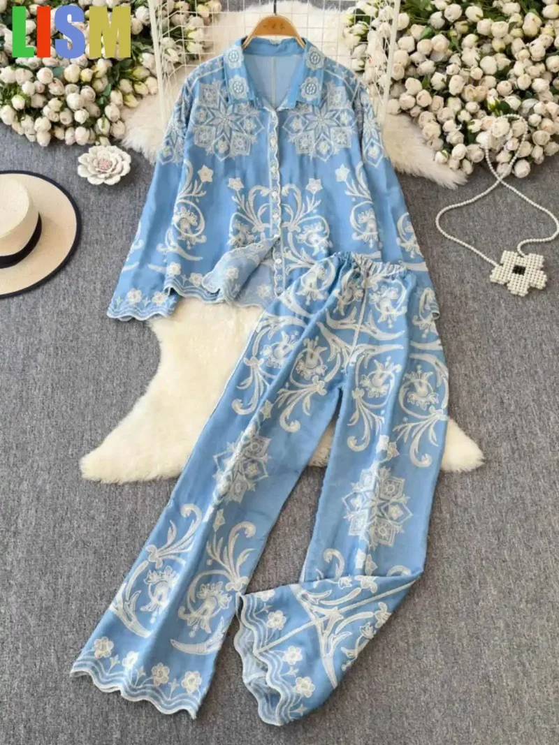 

LISM winter woman outfit Pants sets High Street Embroidered Women Pants Set Long Sleeved Shirt Wide Leg Trousers Two-piece Set