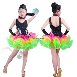 Roupa de dança latina lantejoulas para crianças, vestido de dança de salão para meninas, trajes de jazz infantis, roupas salsa para performance