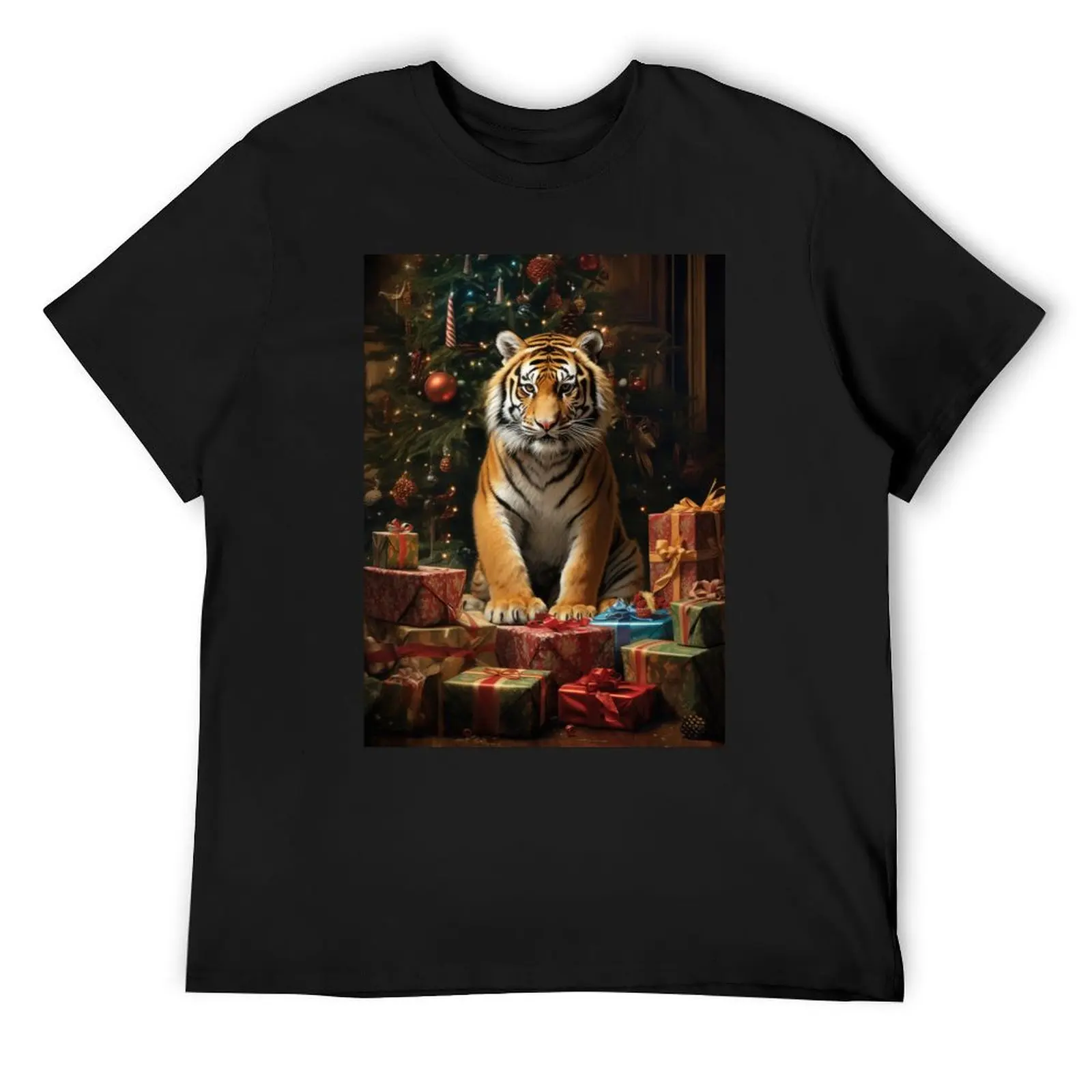 

Tiger with Christmas Presents and Tree T-Shirt anime tshirt oversized slim fit t shirts for men