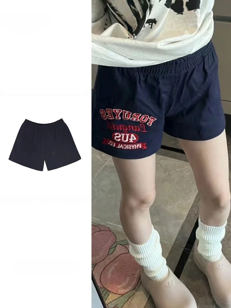 plus Size American Retro Dark Blue Embroidered Letter Shorts Women's Trendy Summer Wide Leg Sports Casual Three-quarter Pants