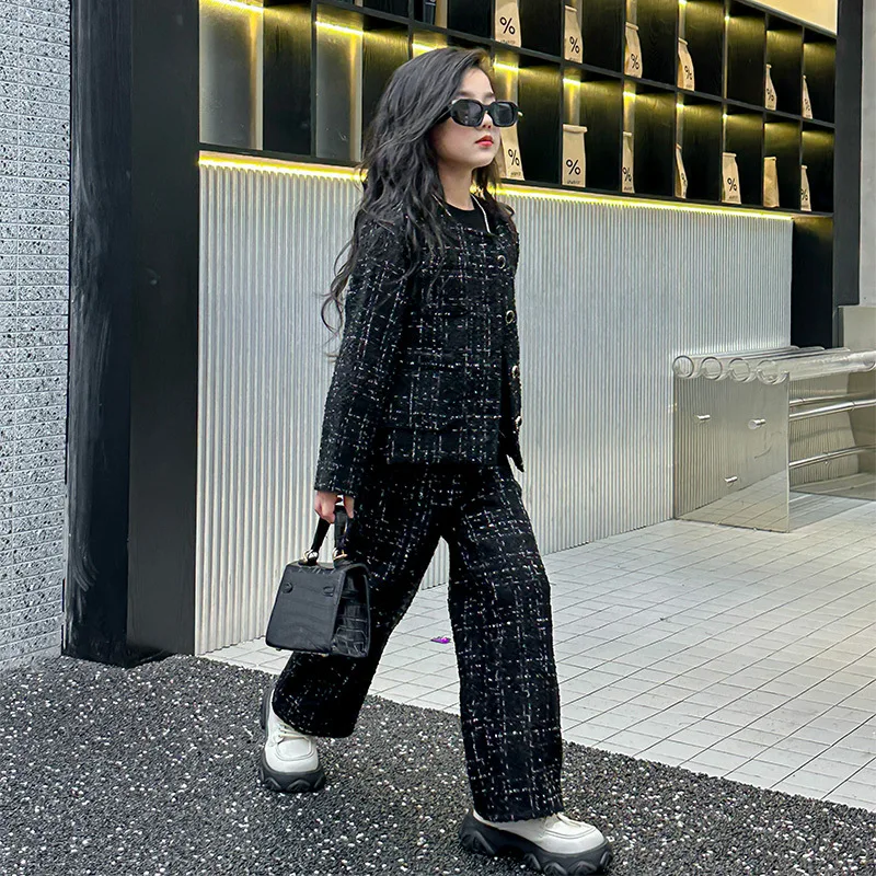 Spring Autumn Girls 2pcs Plaid Elegant Sets Black Tweed Jacket Wide Leg Pants Children\'s Clothing Outfits Chic Princess Outfits