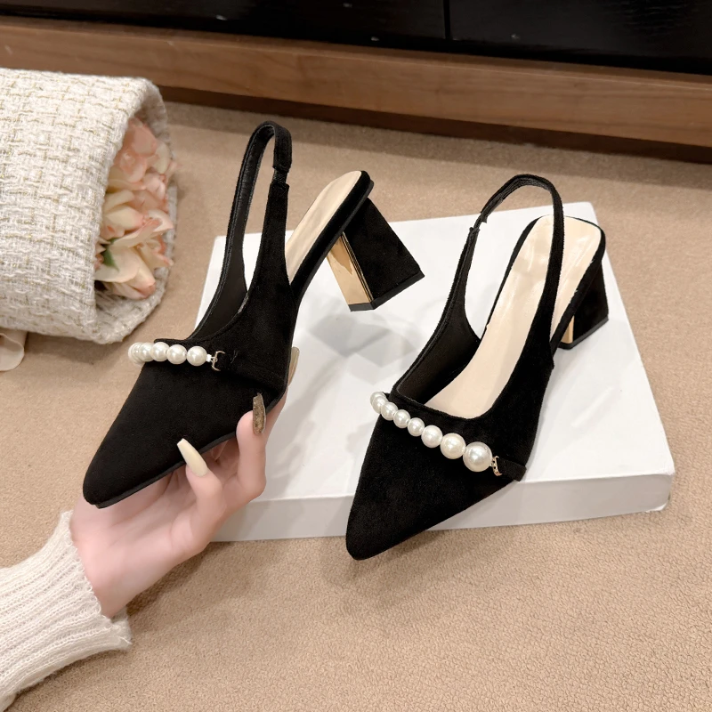 2026 Pearl Chain Suede Slingback Pumps Women Summer 2026 Elegant Pointed Toe High Heel Pumps Women Party Dress Shoes