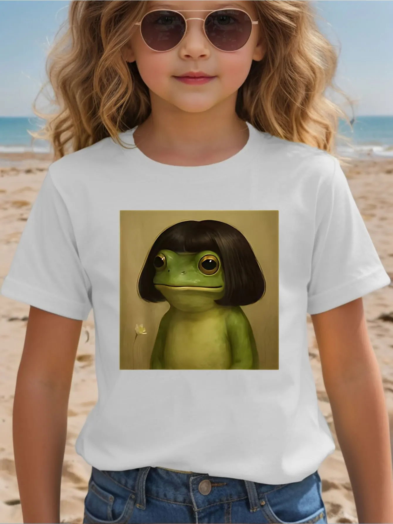 Cute Frog With Bob Haircut Portrait Graphic Kids T Shirt Boys Girls Family Matching Parent Child Summer Crew Neck Casual Tee