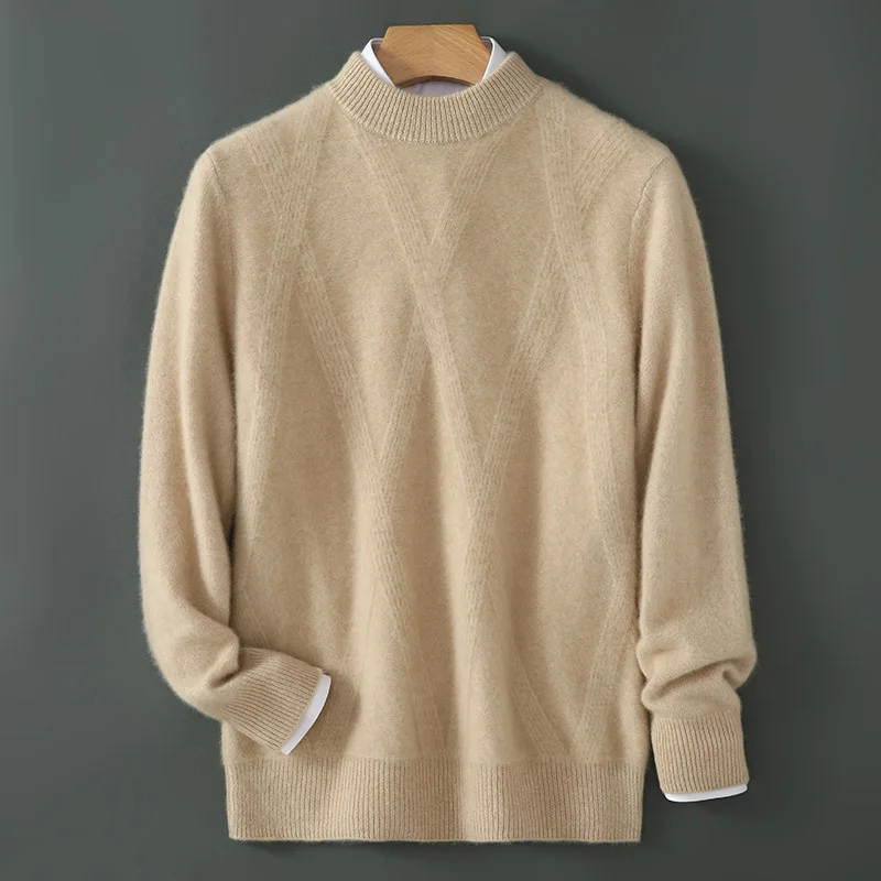 New 100% Pure Cashmere Sweater Men's High-End Thickened Half Height Round Neck Pullover Sweater Solid Color Knitted Base Sweater