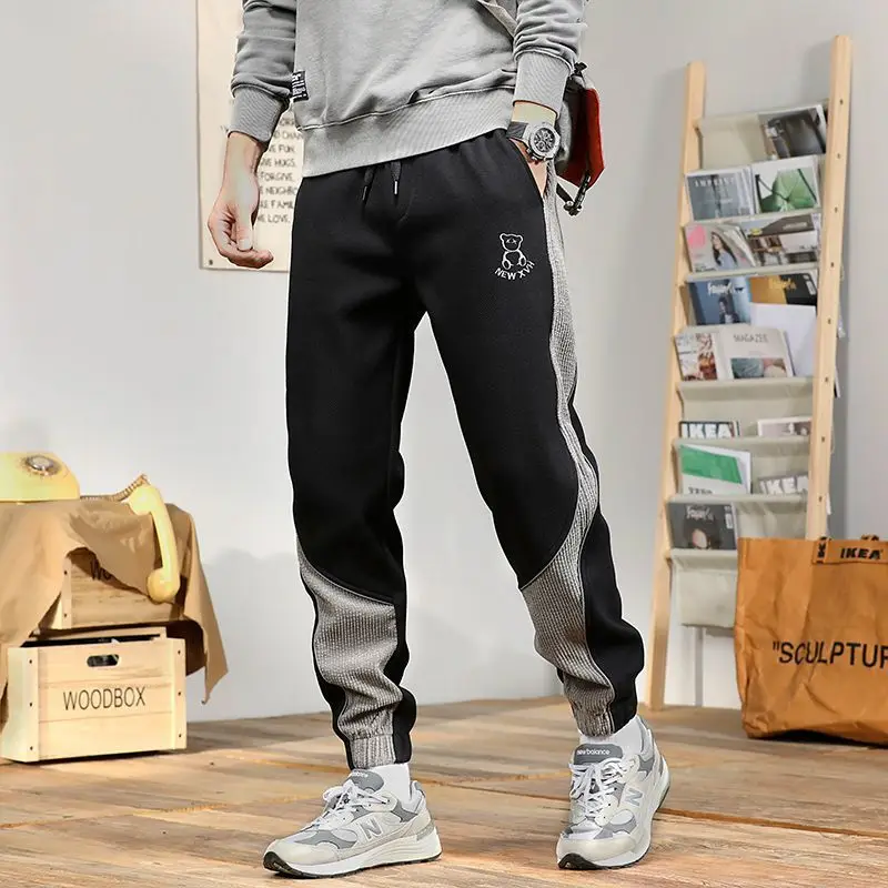 Outono inverno masculino na moda contraste cor retalhos bordado esportes jogger calças retro casual solto velo grosso quente moletom